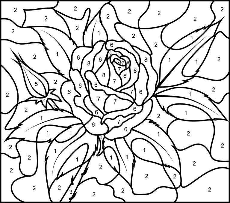 Раскрась по номерам по фото Rose - Printable Color by Number Page - Hard Rose coloring pages, Free coloring 