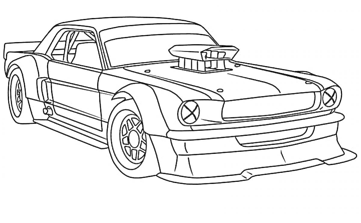 Раскраска машина тюнинг Раскраска Раскраска Ford Mustang с массивным капотом, спойлером, расширенными ко