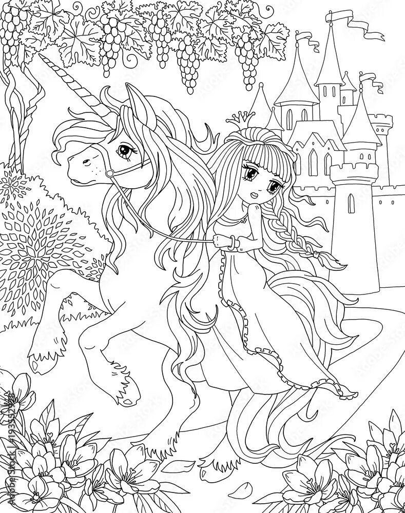 Раскраска принцесса с замком фото Coloring page Unicorn and Princess Иллюстрация Stock Adobe Stock