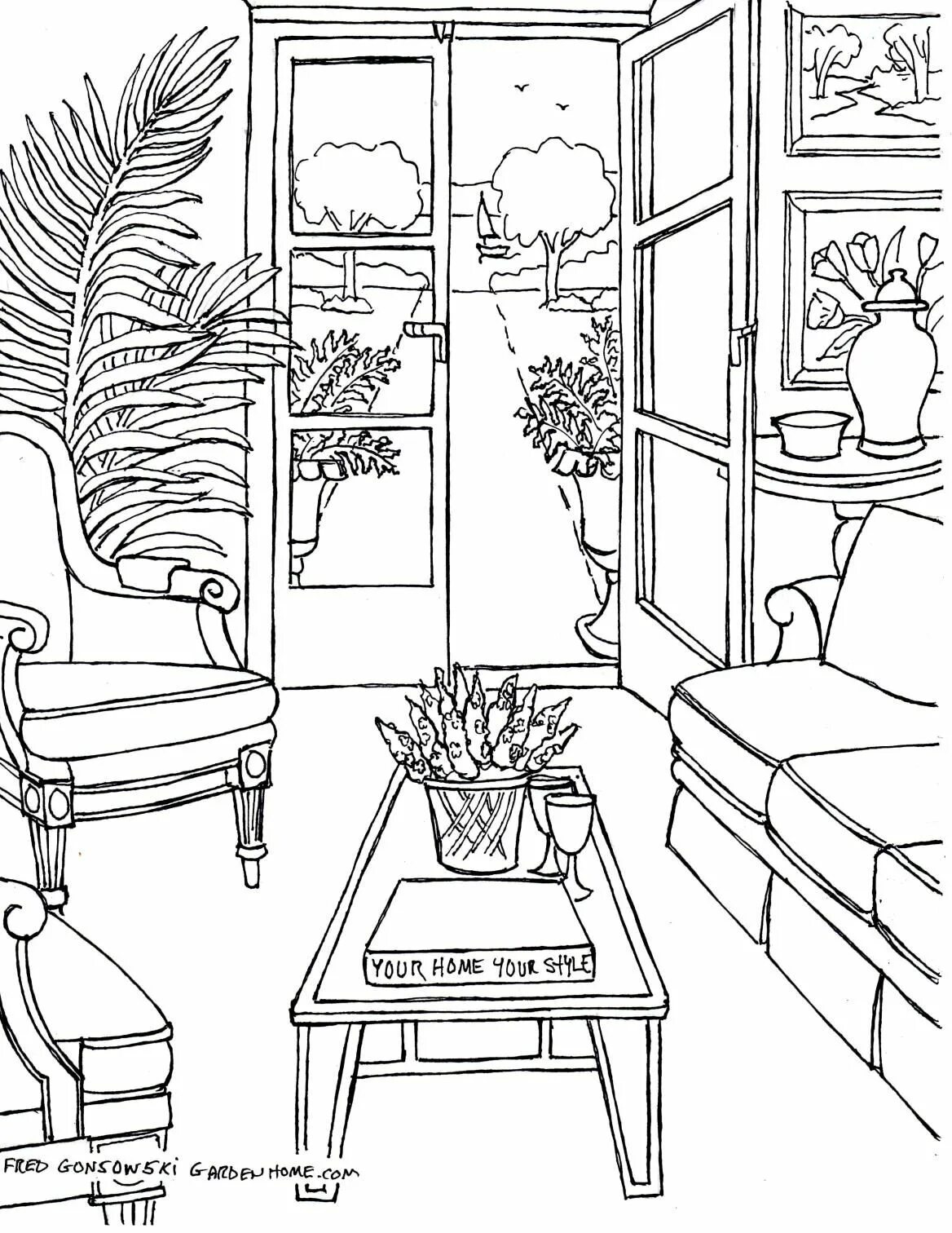 Раскраски интерьер комнаты распечатать раскраски Coloring pages for Adults. Some Drawings of Living Rooms for Adults to Color. Fr