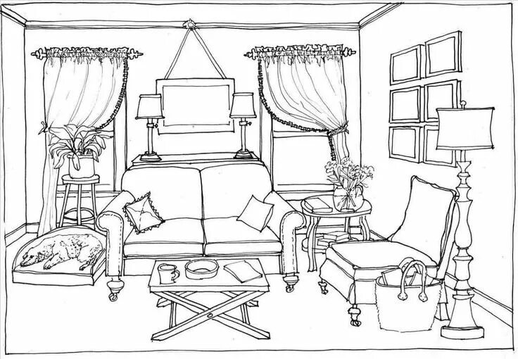 Раскраски интерьер комнаты распечатать раскраски Retro Modern Sofa Furniture Coloring Page Room perspective drawing, Drawing inte