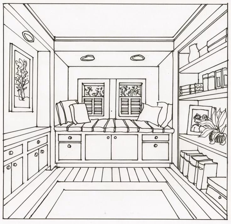 Раскраски интерьер комнаты распечатать раскраски Image result for 1 point perspective photo Room perspective drawing, Interior de