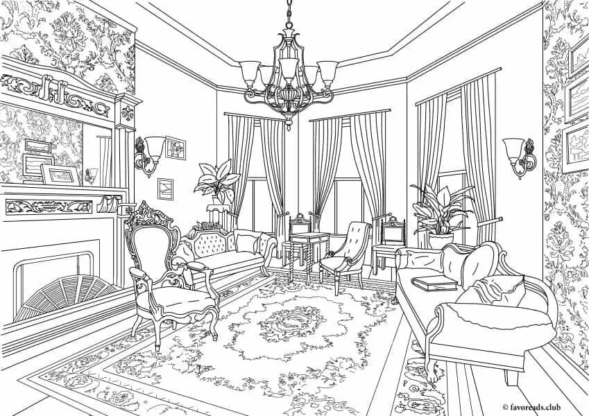 Раскраски интерьер комнаты распечатать раскраски Authentic Architecture - Victorian Living Room - Favoreads Coloring Club Adult c