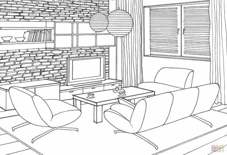 Раскраски интерьер комнаты распечатать раскраски Stone Wall in the Living Room coloring page Free Printable Coloring Pages (With 