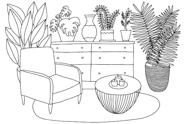 Раскраски интерьер комнаты распечатать раскраски Premium Vector Living room interior coloring page Cozy vector interior design li