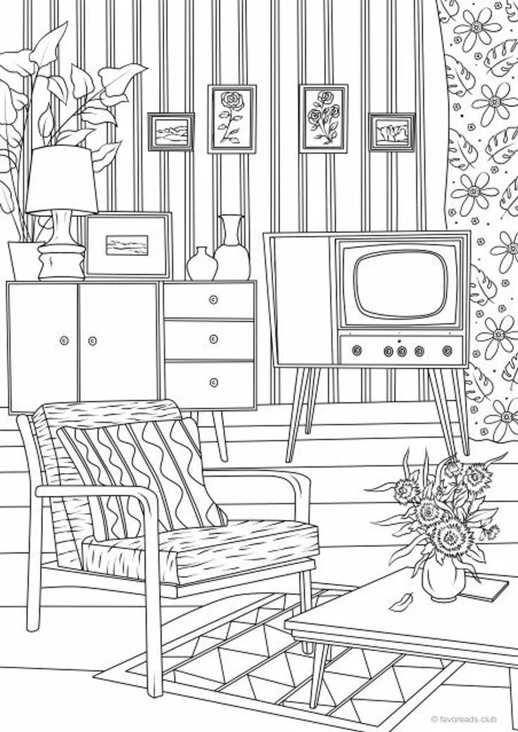 Раскраски интерьер комнаты распечатать раскраски Retro Living Room Printable Adult Coloring Page From Favoreads coloring Book Pag