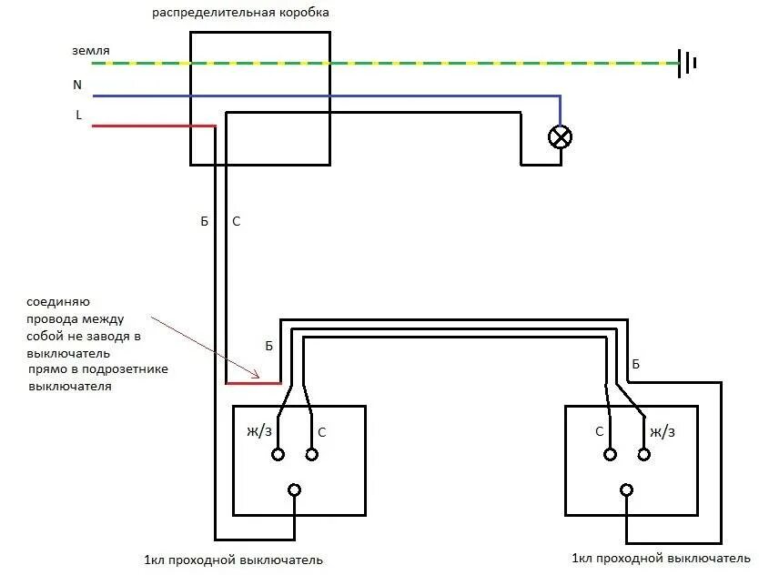 Распаечные коробки схема подключения проходной Подключить проходной выключатель схема видео