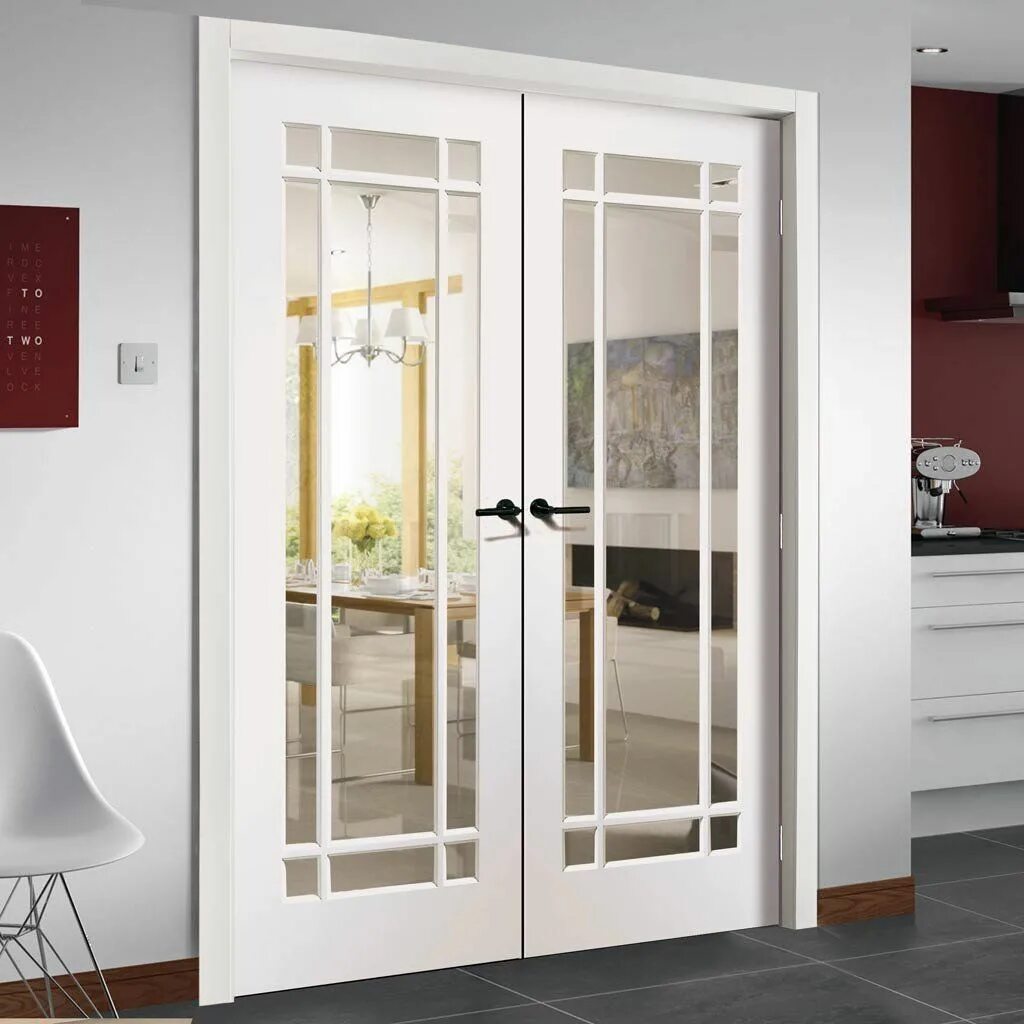 Распашные двери межкомнатные двустворчатые в интерьере Cheshire Door Pair - Clear Glass - White Primed French doors interior, Double do