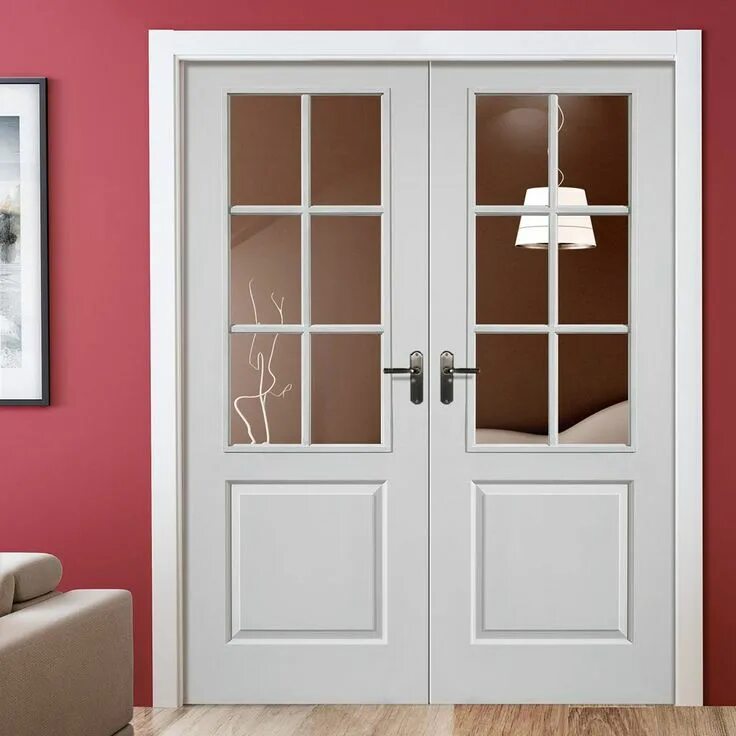 Распашные двери межкомнатные двустворчатые в интерьере J B Kind Faro White Primed Door Pair - Clear Glass Internal french doors, French