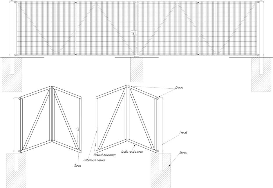 Распашные ворота складывающиеся пополам чертежи Складные ворота ООО "ТЗО Гранд-Фенс". Качество по доступной цене