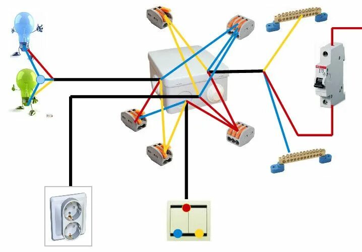 Распаячная коробка подключение света Схема подключения на освещение и розетки Электричество, Электропроводка, Розетки