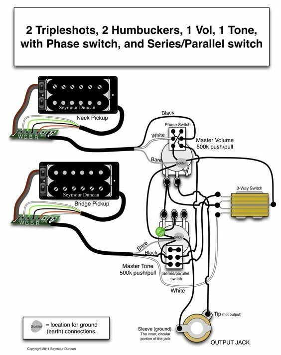 Распайка 1 хамбакер 1 громкость Seymour Duncan wiring diagram - 2 Triple Shots, 2 Humbuckers, 1 Vol with Phase s