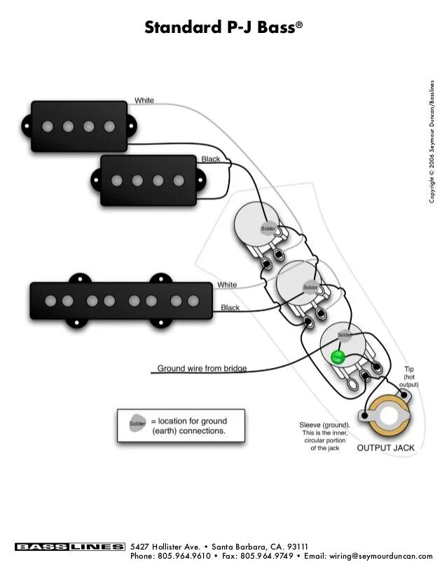 Распайка бас гитары с двумя звукоснимателями Copyright © 2006 Seymour Duncan/Basslines Standard P-J Bass ® 5427 Hollister Ave