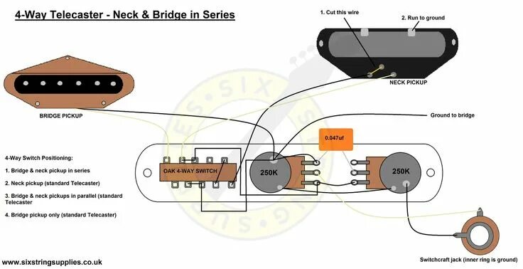 Распайка фендеров Wiring diagram for the 4-way Telecaster setup which allows all three classic Tel