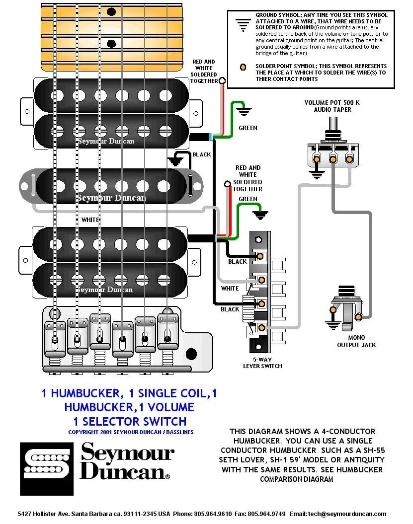 Распайка хамбакеров синглом Схемы распайки Seymour Duncan