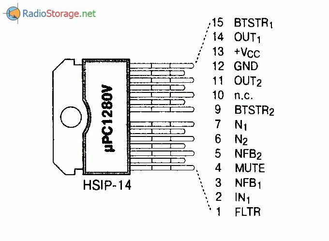 Распайка микросхемы Микросхема uPC1280V - мостовой усилитель НЧ (20Вт при 13В)