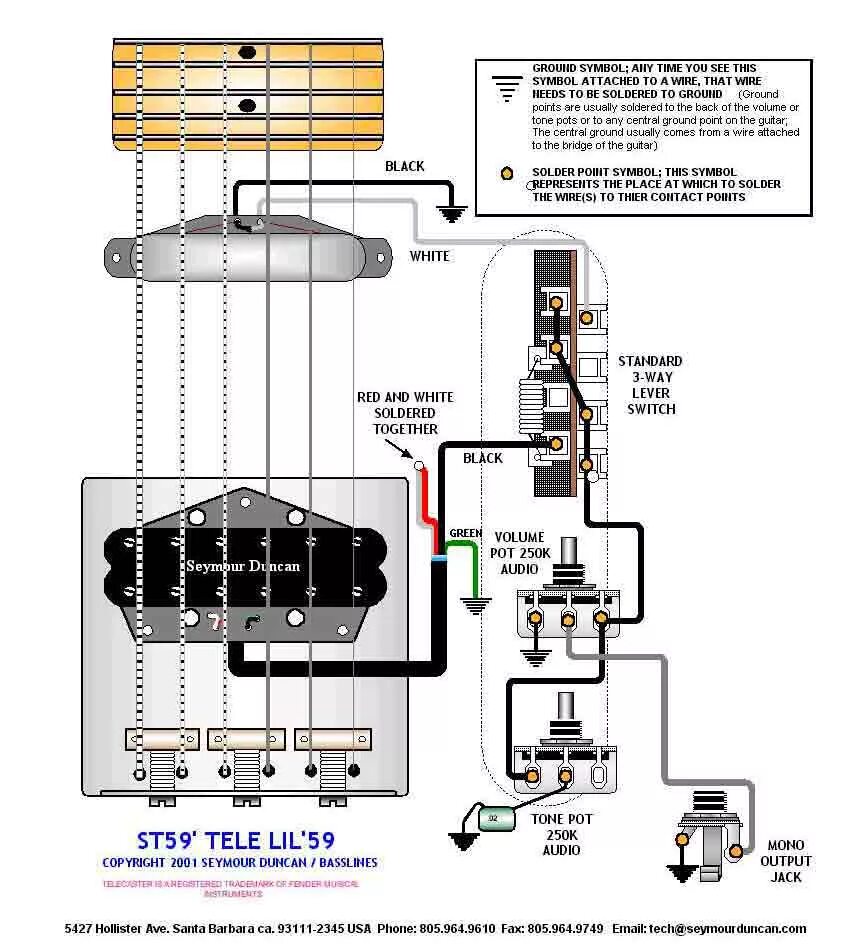 Распайка телекастер с хамбакером Схемы распайки Seymour Duncan