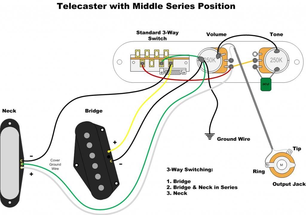 Распайка телекастера 3 позиции Wiring scheme for 2 single coils, 1 vol 1 tone and a 3 way-switch The Gear Page