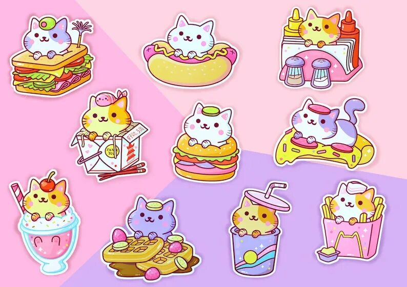 Распечатать фото котика для наклеек Sticker Set Series 3 10Pcs Kawaii Yum Yum Cats Vinyl Etsy