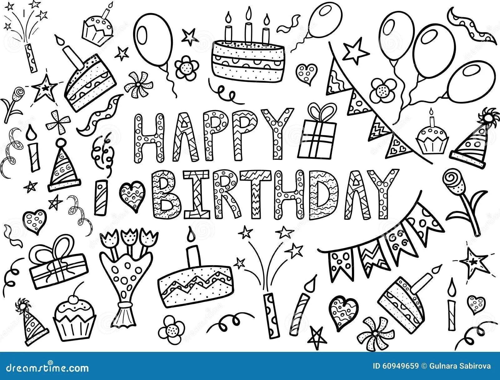 Распечатать картинки с днем рождения женщине Happy Birthday Doodle Set with Hand Drawn Elements Stock Vector - Illustration o