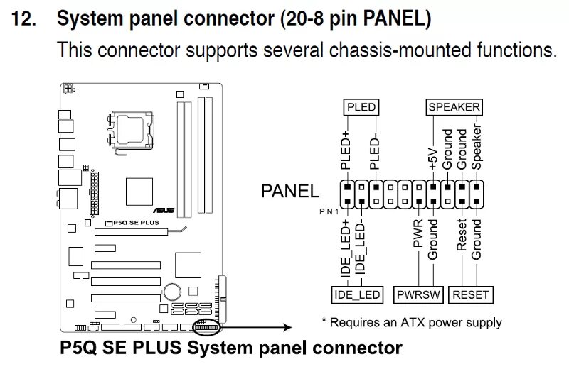 Распиновка asus Ответы Mail.ru: куда подключать m/b sw на материнской плате asus p5q se plus