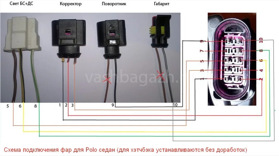 Распиновка ближнего света Передние фары Superlux Фольксваген Поло седан 2009-2020, LED, ДХО, а:MF-HL-00076