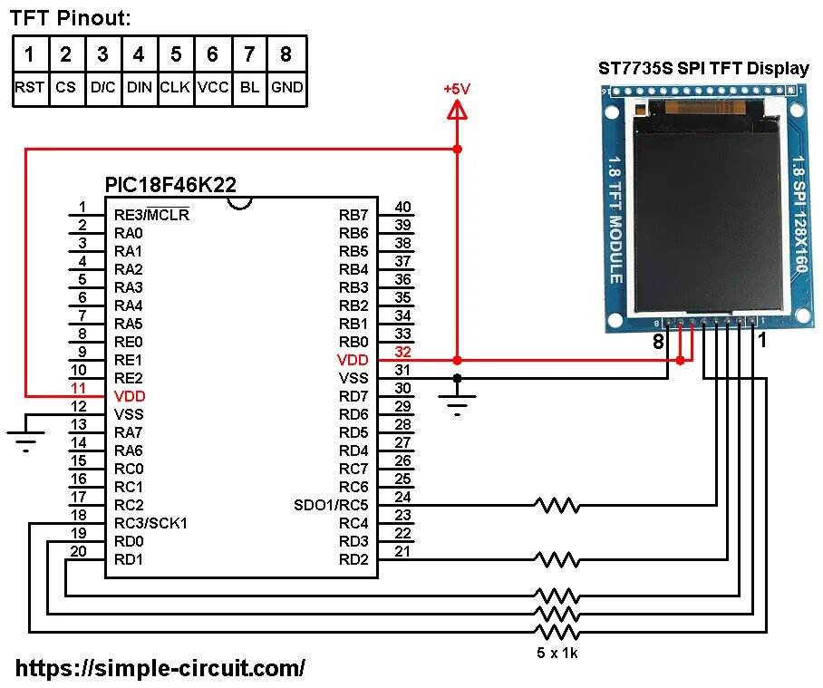 Распиновка дисплея PIC MCU with ST7735 TFT - Graphics Test Example mikroC Projects