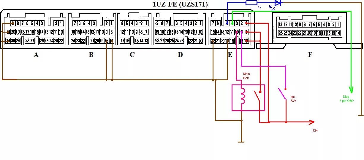 Распиновка двигателя 1UZ-FE ECU 89661-3F170 (Crown/Majesta UZS175 после 08.2001) - отключение иммобил