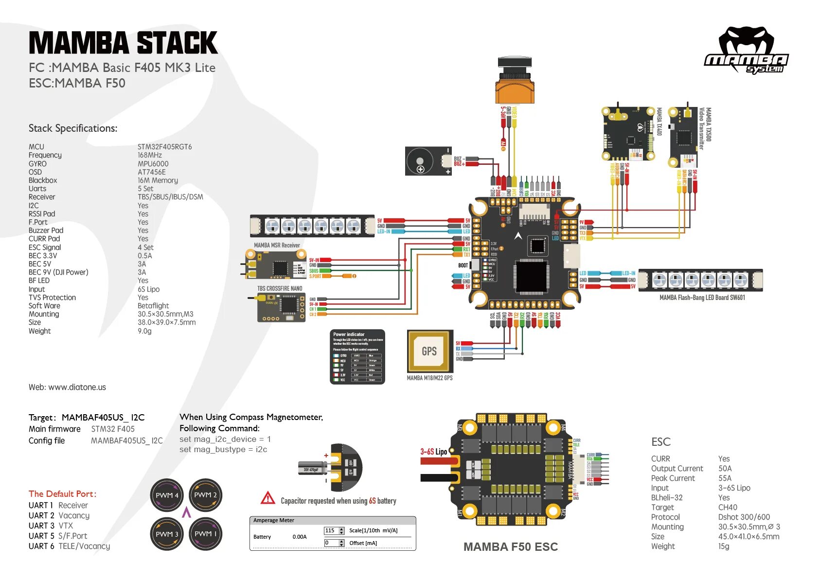 Распиновка f405 Контроллер полета Diatone MAMBA BASIC, с телевизорами, F405, MK3 LITE, 50A, 6S, 