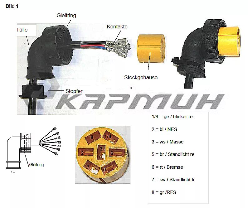 Распиновка фонаря по цветам SCHMITZ CARGOBULL 1105955 1105955 Коннектор Bayonet 7-pin ASS2 для фонарей EUROP