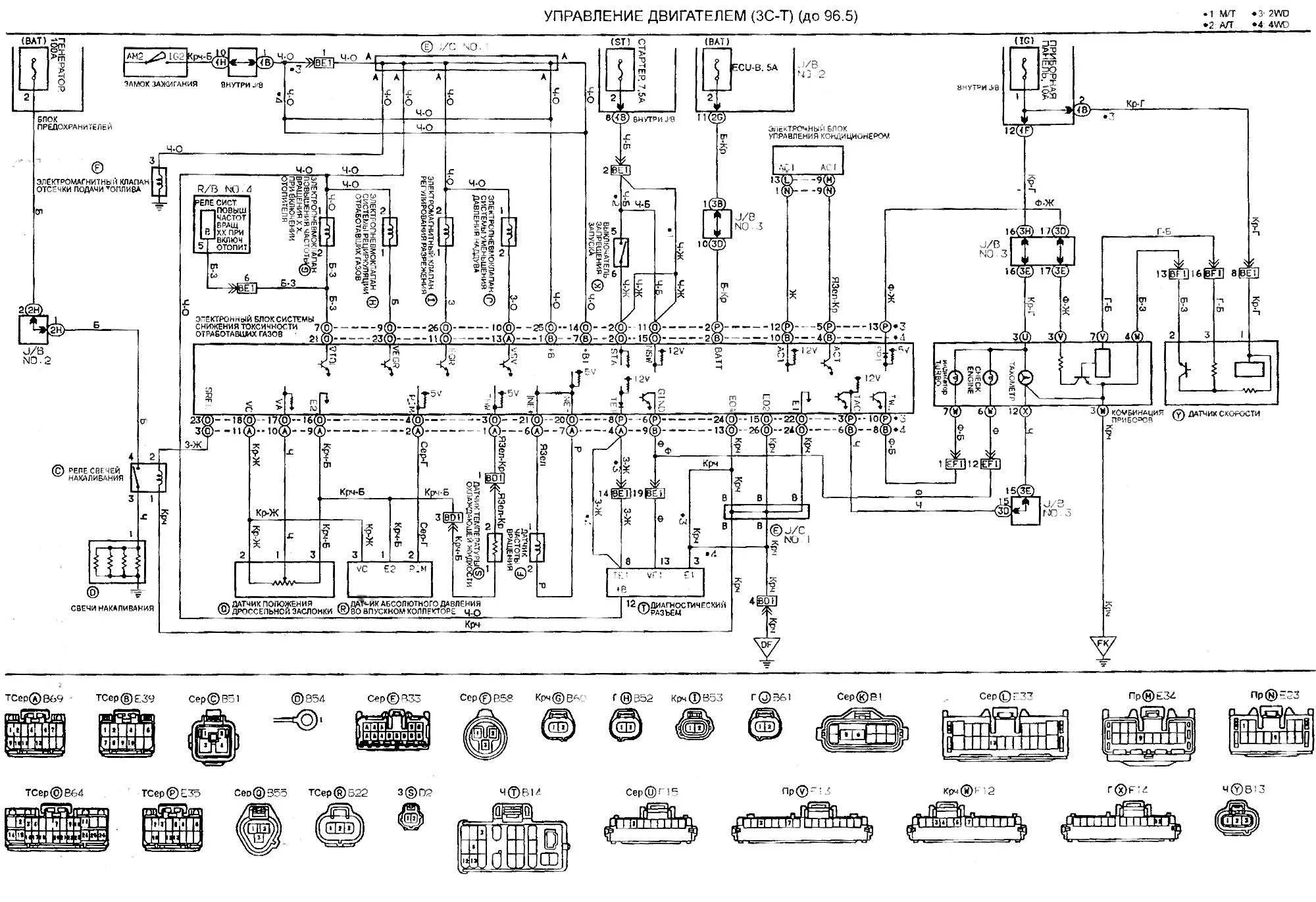 Распиновка камри 40 Электрасхема кіравання рухавіком (3C-T) (да 96.5) (Таёта Камры Віста V40, 1994-1