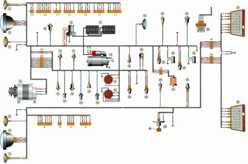 Распиновка маз Схема МАЗ Схема электропроводки МАЗ цветная opex.ru