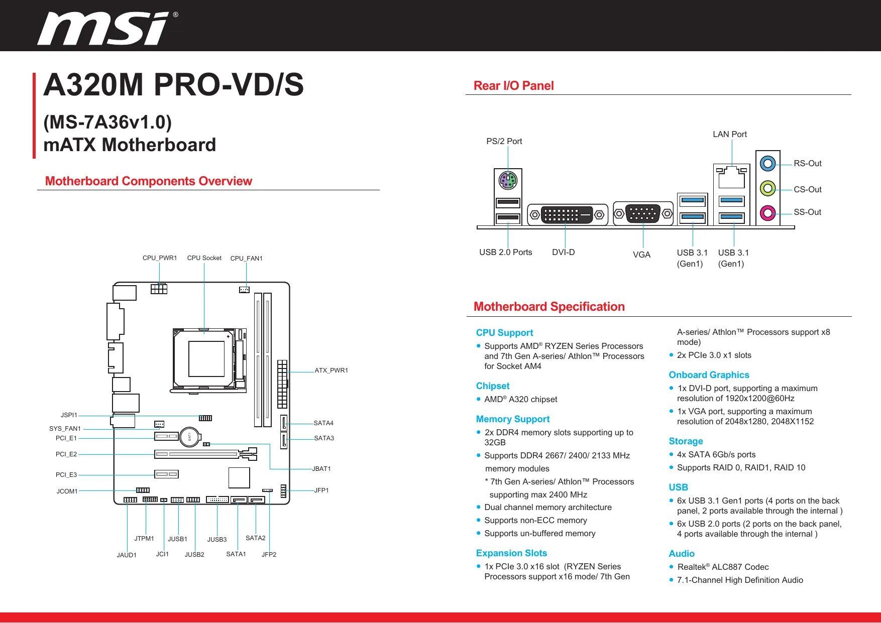 Распиновка msi MSI A320M PRO VD/S Motherboard Datasheet Manualzz