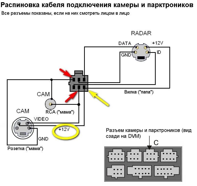 Распиновка подключения камеры ГУ PHANTOM DVM-1820D HDi. Камера заднего вида. - Volkswagen Tiguan (1G), 2 л, 20