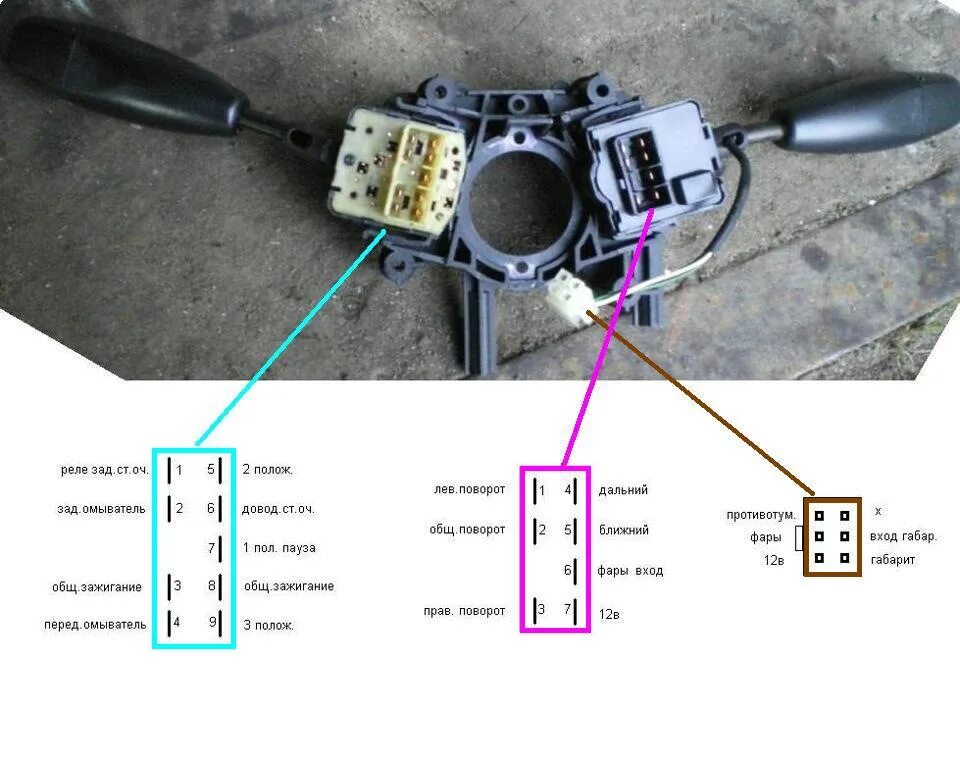 Распиновка подрулевого переключателя Пересвет приборной панели + индикация ближнего на приборке - Daewoo Sens, 1,3 л,