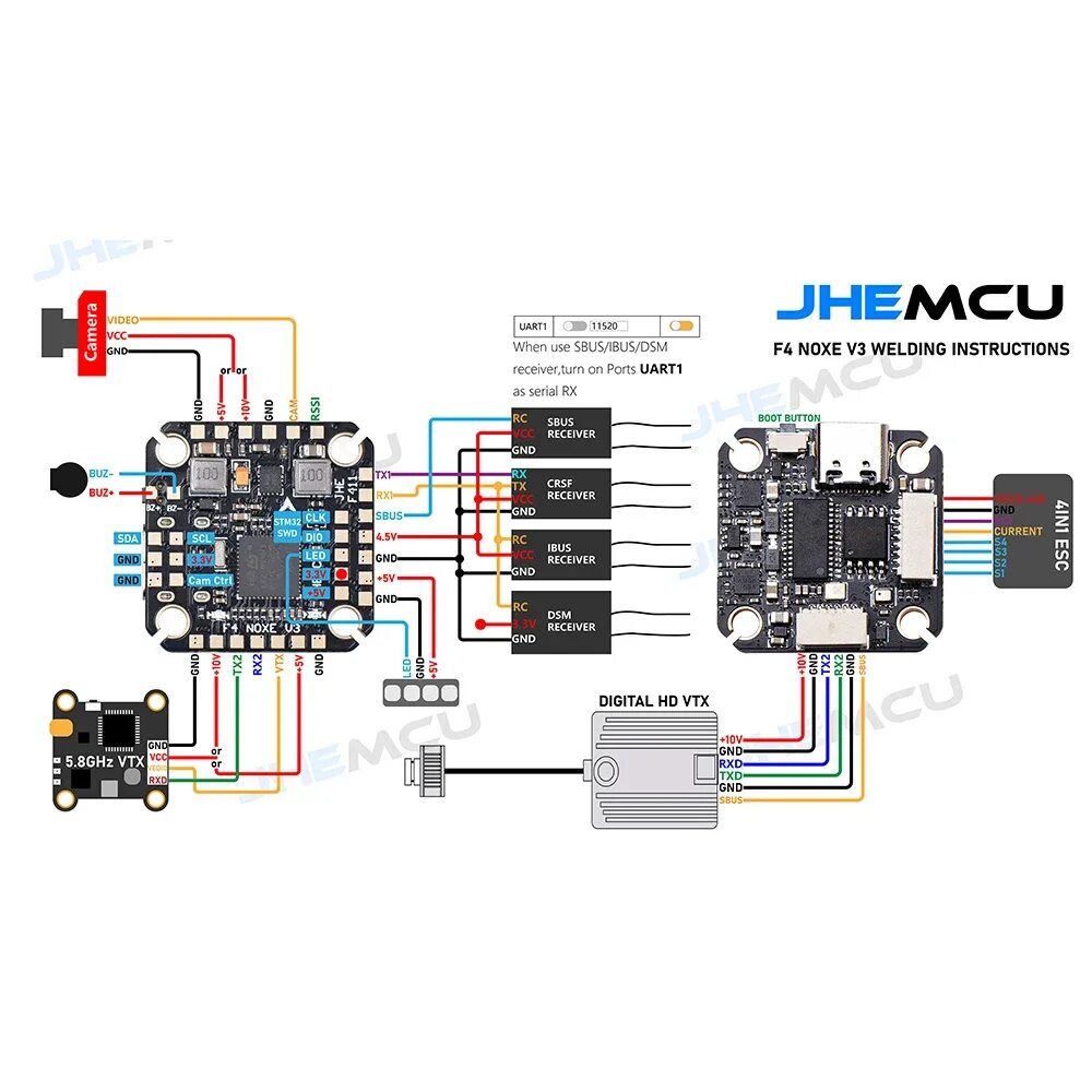 Распиновка полетного контроллера Контроллер полета JHEMCU F4 NOXE V3 F411 Deluxe 5 в 10 в BEC OSD Baro BlackBox 2