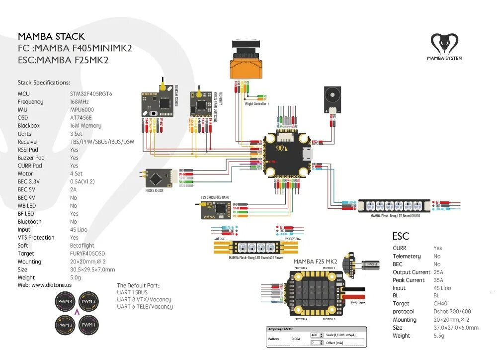 Распиновка полетного контроллера Контроллер полета Diatone MAMBA F405 MINI MK2 F4 8K Betaflight FC STM32 F405 с O