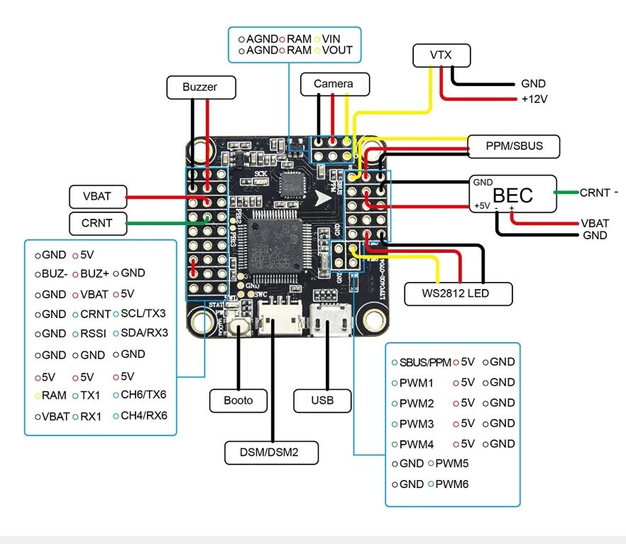 Распиновка полетного контроллера AKK F4 Flight Controller with Integrated OSD