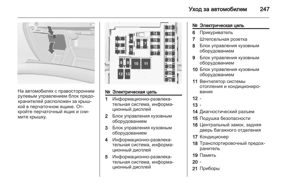 Распиновка предохранителей опель Уход за автомобилем 247 Инструкция по эксплуатации OPEL Insignia Страница 249 / 