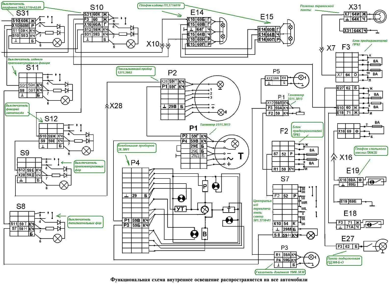 Распиновка проводов камаз Scheme of outdoor and indoor lighting KAMAZ