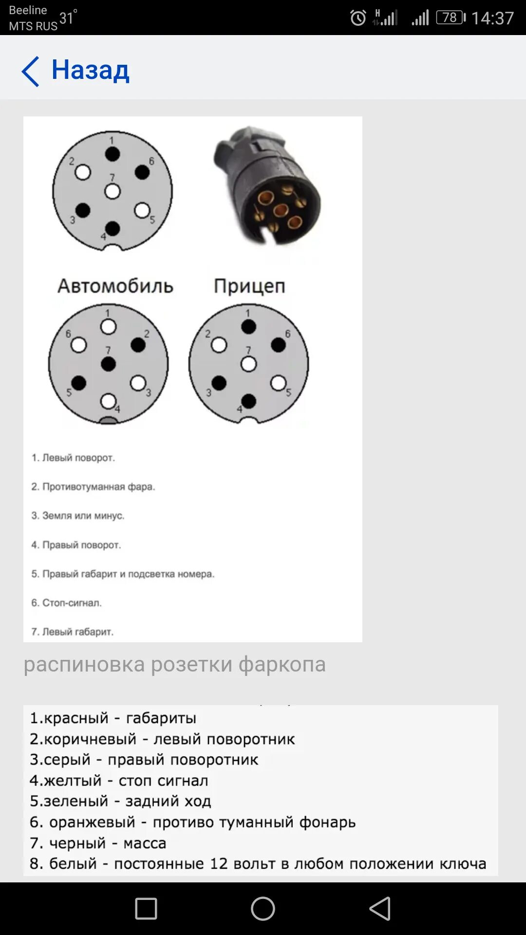 Распиновка контактов розеток и штекеров фаркопа, схемы подключения электропитани