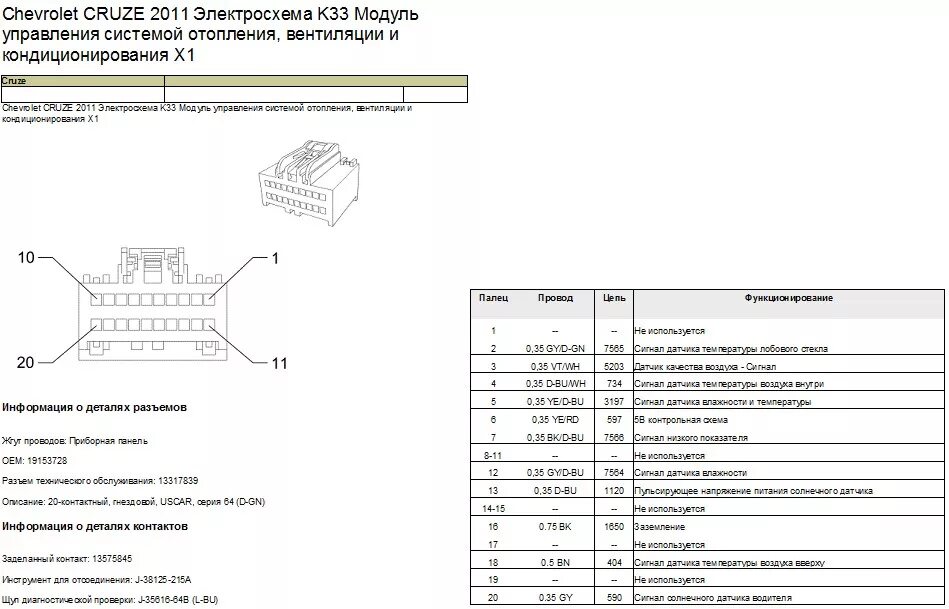 Распиновка шевроле Распиновка разъема K33 Модуль управления системой отопления, вентиляции и кондиц