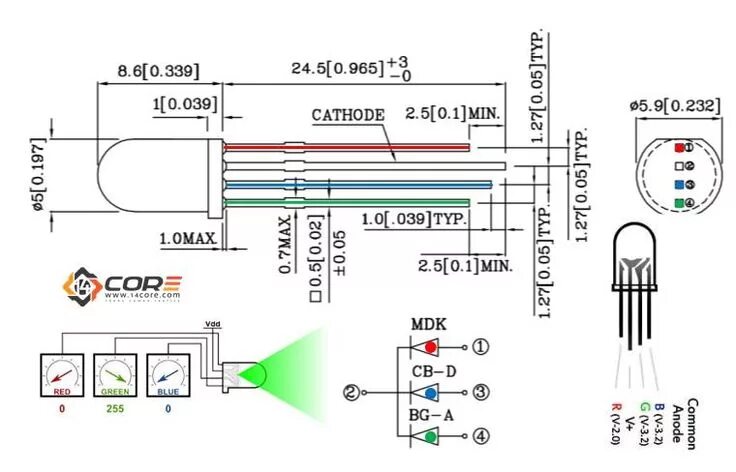 Распиновка светодиода RGB LED Tutorial on Arduino wit Souce Code 14Core.com Rgb led, Led, Arduino