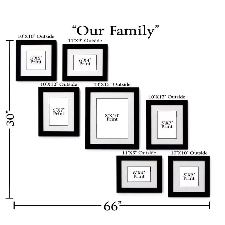 Расположение фото на стене с размерами "Our Family" 7-Frame Family Portrait Gallery with 1.5" Designer Mat Picture gall