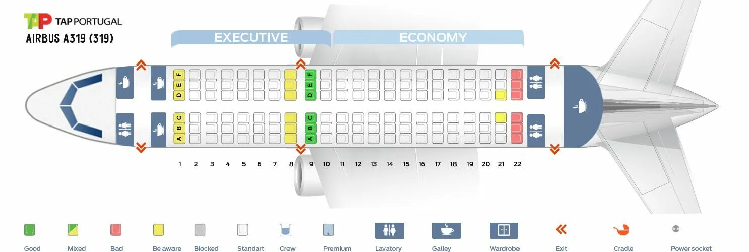 Расположение кресел в самолете победа схема Seat Map and Seating Chart Airbus A319 100 V2 TAP Air Portugal Seating charts, S