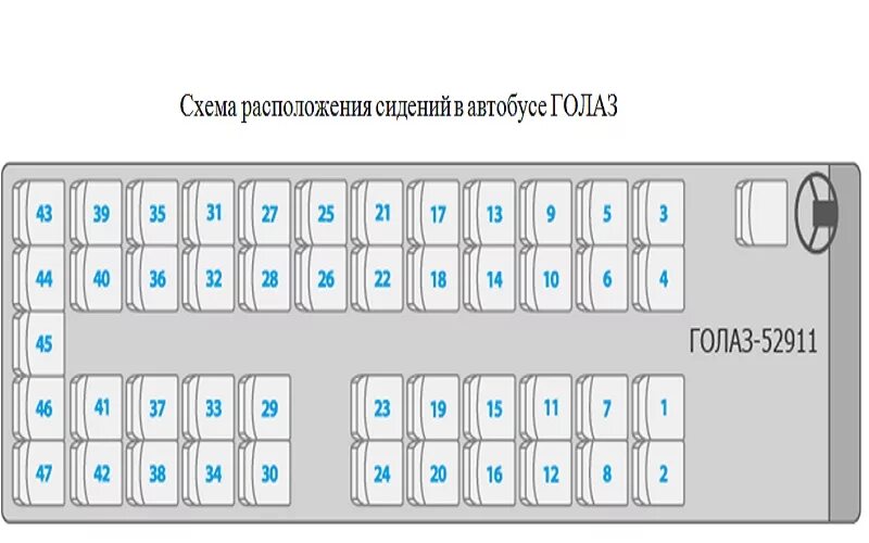 Расположение мест в автобусе по номерам схема Автопарк - ГОЛАЗ 529111 - 47 мест + водитель