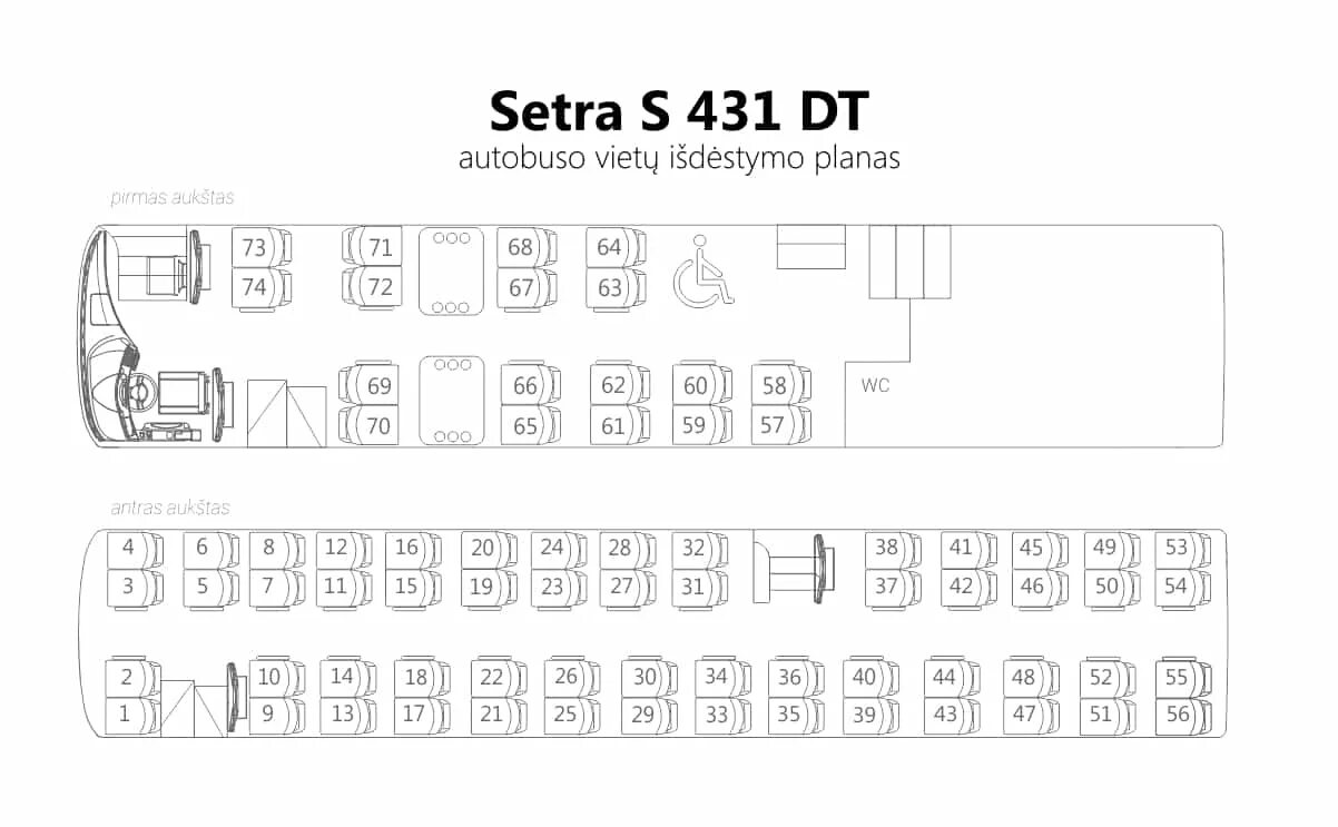 Расположение мест в двухэтажном автобусе схема Autobusų nuoma Kautra