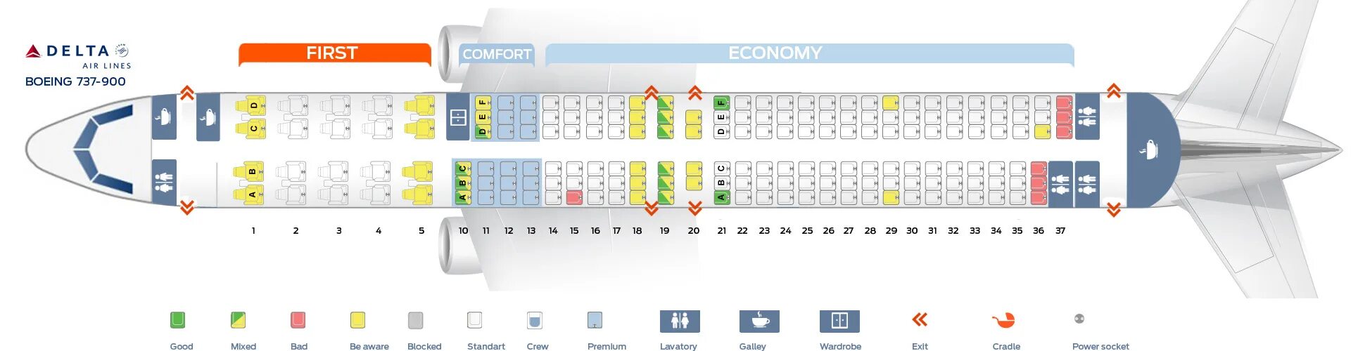 Расположение мест в самолете по буквам схема Seat map Boeing 737-900 Delta Airlines. Best seats in plane