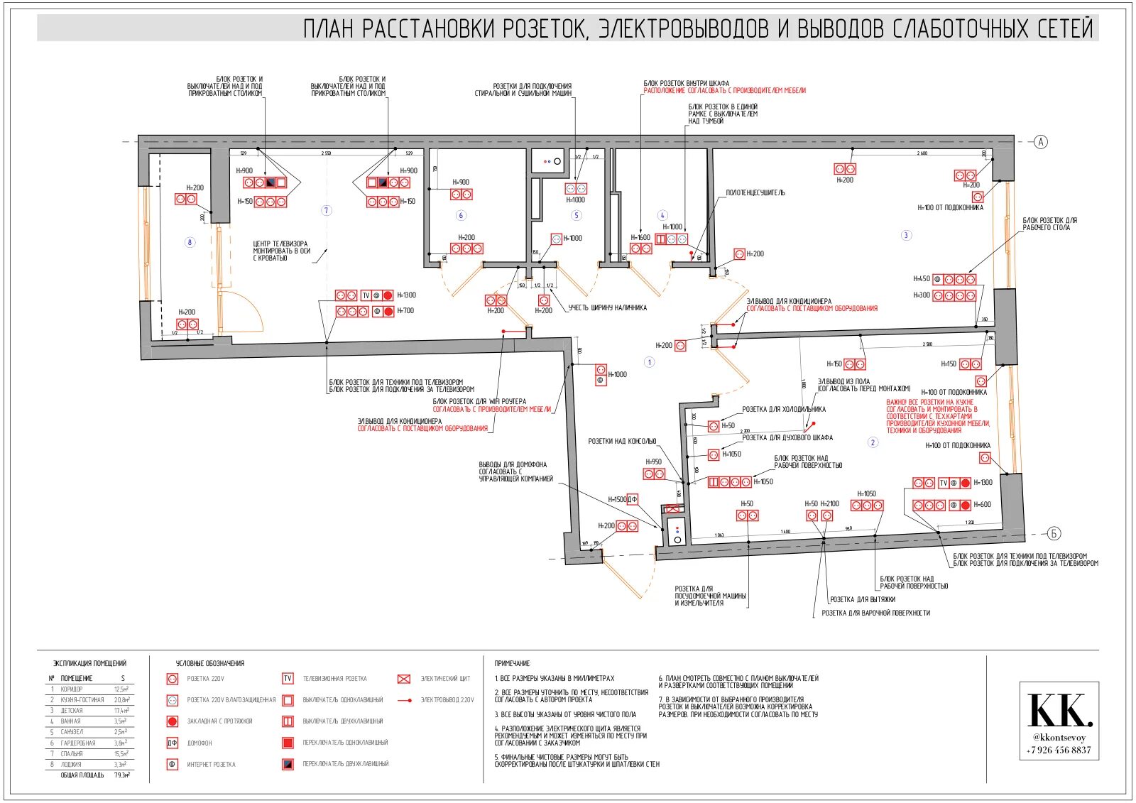 Расположение розеток в гостиной схема План расстановки розеток, эл.выводов и выводов слаботочных сетей - Фрилансер Кон