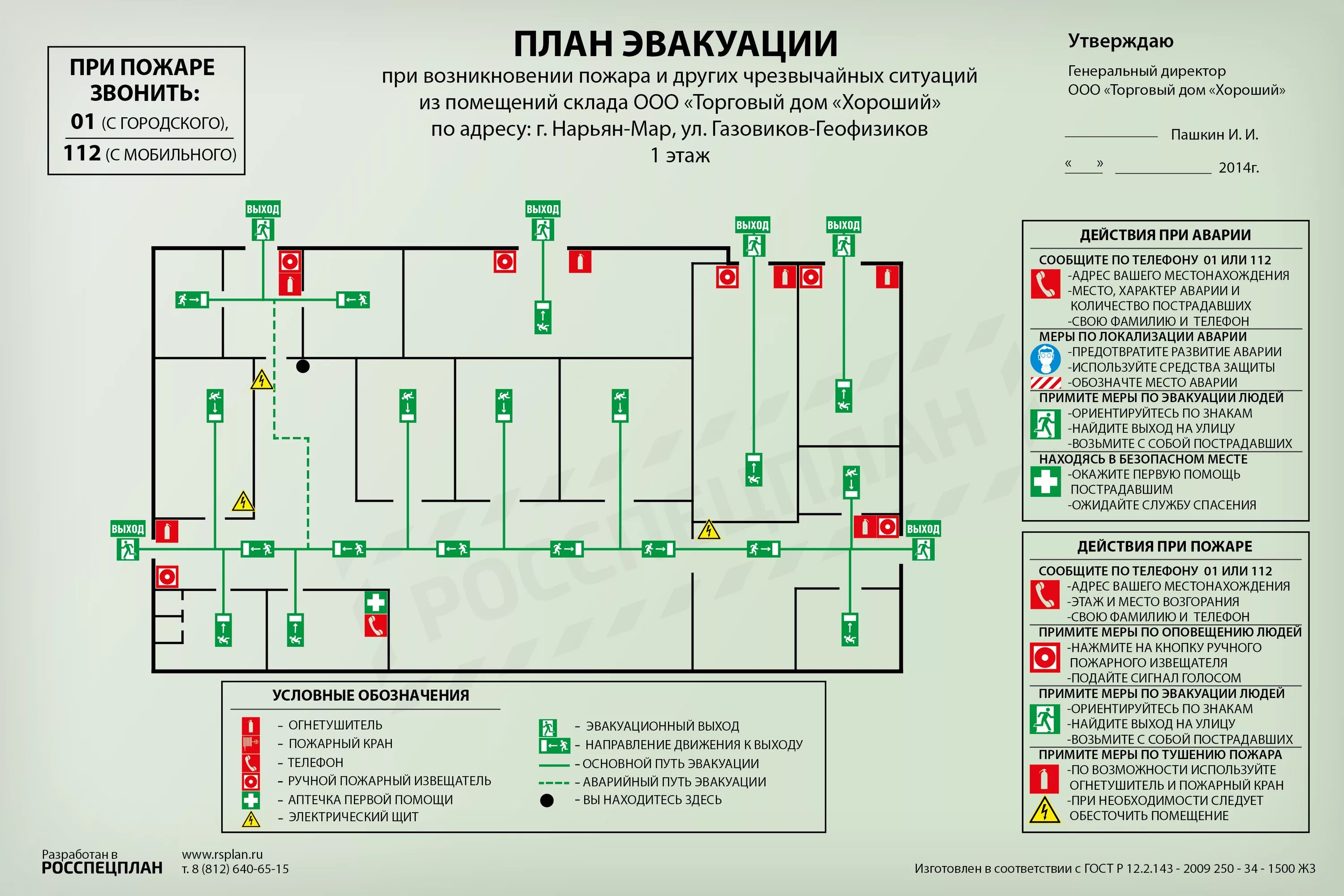 Расположение схемы эвакуации при пожаре План эвакуации из продуктового магазина "Хороший" на улице Газовиков-Геофизиков